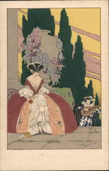 Woman in Rococo Dress with Lute Player, Art Nouveau Postcard Postcard