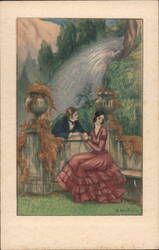 Couple Holding Hands by Wall with Urns, Waterfall Postcard
