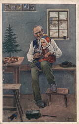 Vintage Czech Christmas Postcard, Grandfather and Granddaughter with Toys Postcard