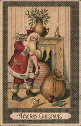 Santa Claus Filling Stockings by Fireplace, Merry Christmas Postcard