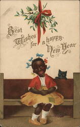 Black Americana, Girl with Cat, Happy New Year Postcard