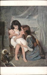 Two Girls Admire Baby Brother, Antique Postcard Postcard