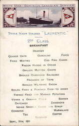 1911 SS Laurentic Menu 2nd Class Breakfast Menu White Star Line Postcard