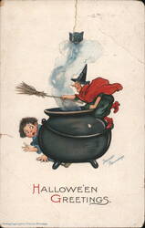 Frances Brundage Halloween Witch Brewing Black Cat Postcard