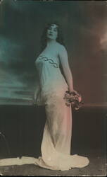 Beautiful Woman in Draped Gown Holding Roses Postcard