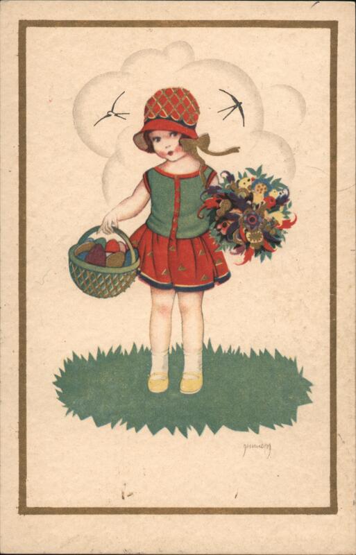 Little Girl with Basket and Flowers, Vintage Postcard