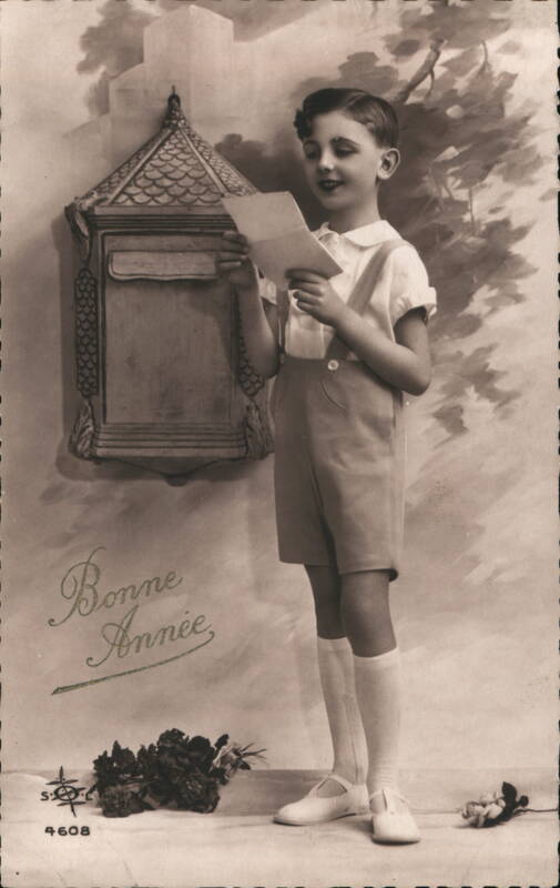 Boy Reading Letter by Mailbox, Bonne Année Children