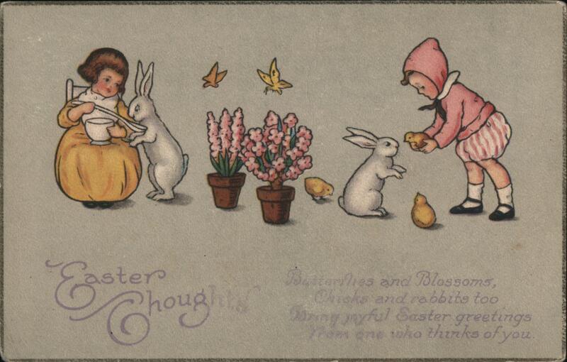 Easter Thoughts, Children with Rabbits, Chicks and Flowers