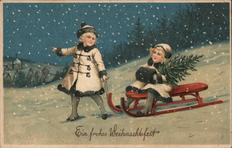 Antique German Christmas Postcard, Children with Sled and Tree