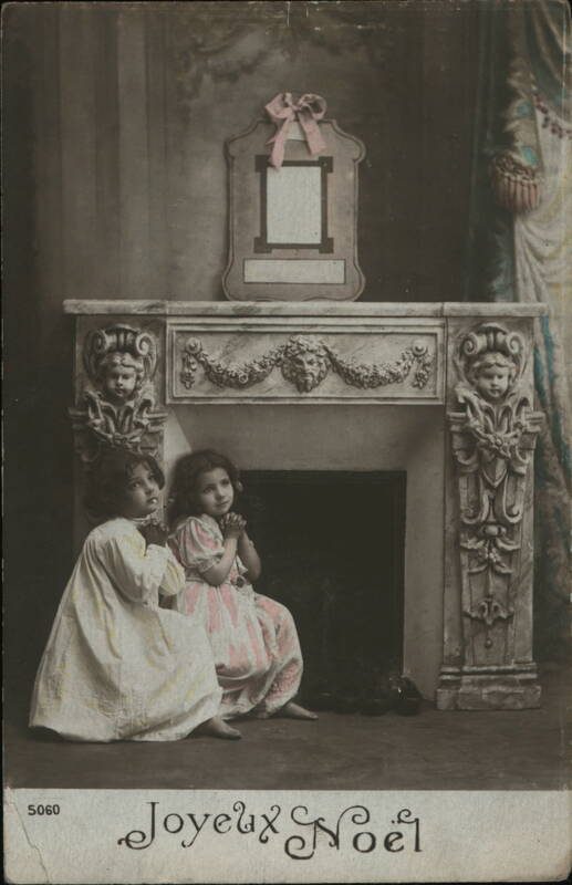 Two Children Praying by Fireplace, Joyeux Noël