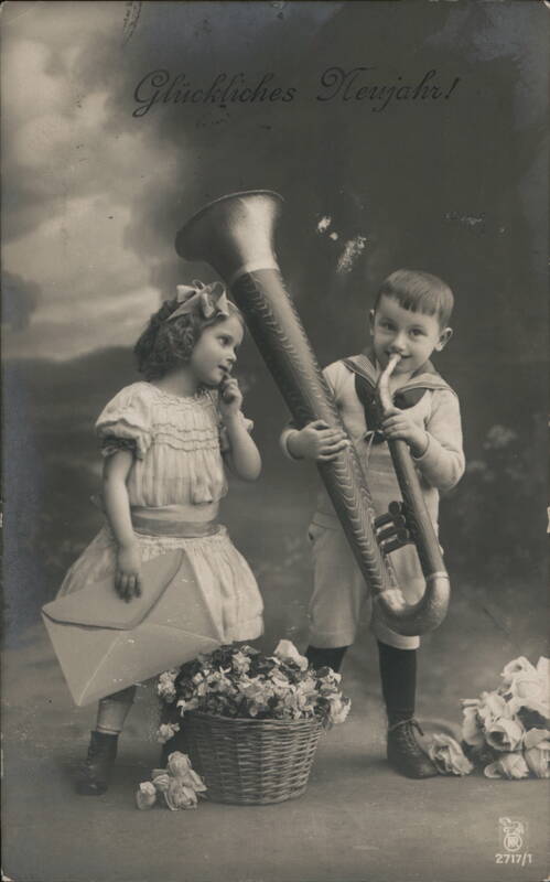 Children with Tuba, Flowers, Letter, Happy New Year Postcard