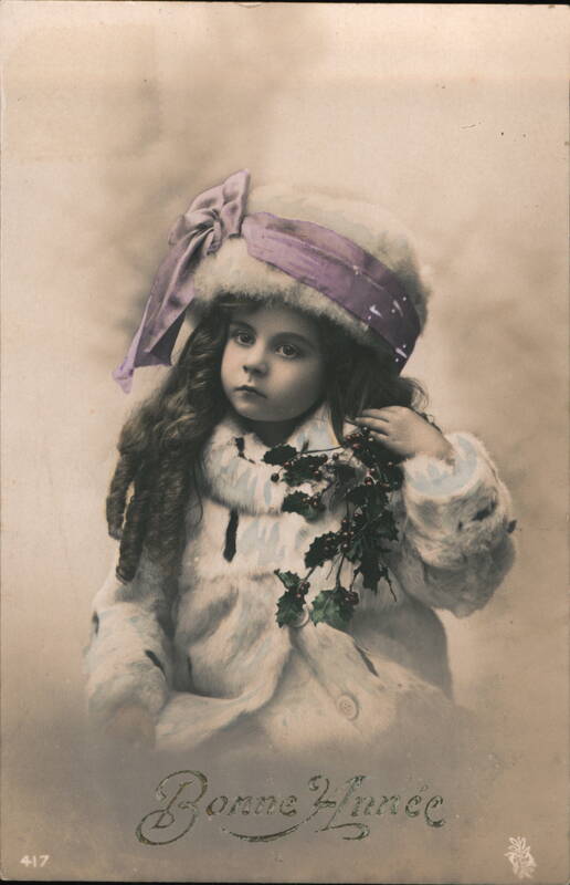 Bonne Année, Girl in White Fur Coat with Holly Children