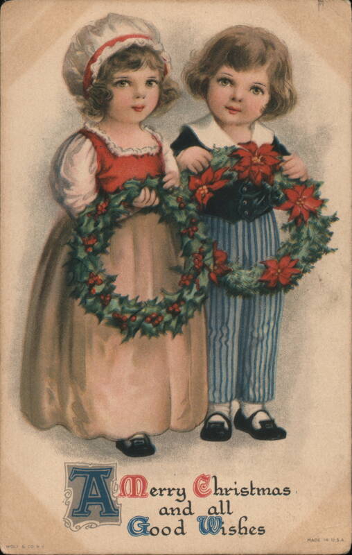 Children with Holly and Poinsettia Wreaths, Christmas