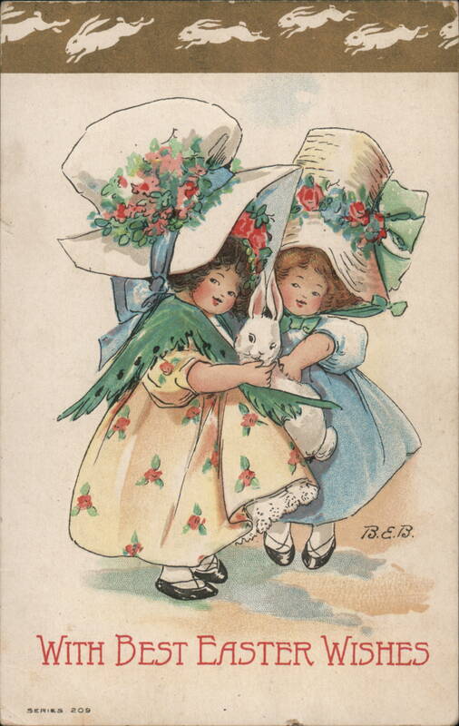 Two Girls with Easter Bunny and Hats B.E.B. With Children