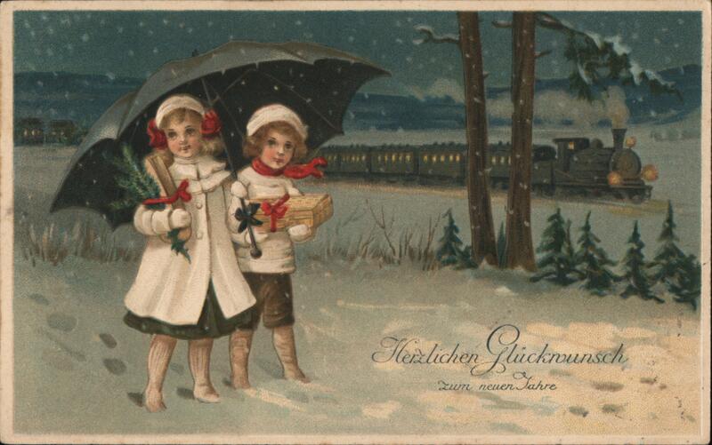 Children with Umbrella and Gifts, Train in Snow, New Year