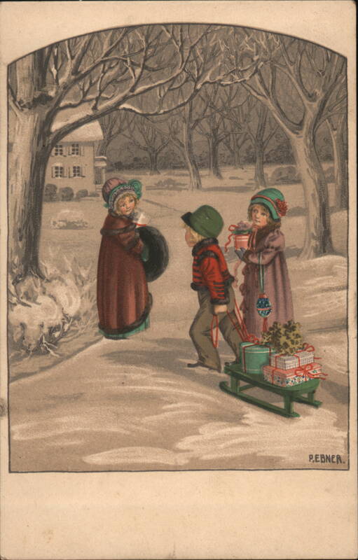 Children with Christmas Gifts and Sled in Snowy Landscape