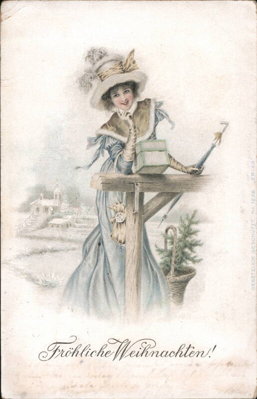 Merry Christmas Woman in Blue Dress with Gifts