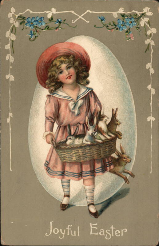 Joyful Easter Girl with Basket of Bunnies With Bunnies