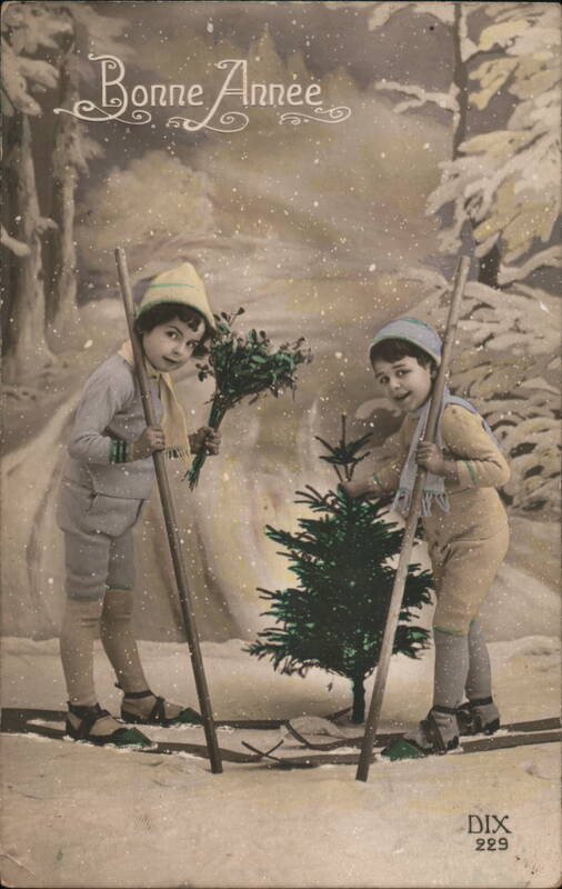 Bonne Année, Two Children with Skis, Christmas Tree