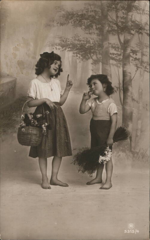 Two Barefoot Children with Flowers and Puppies