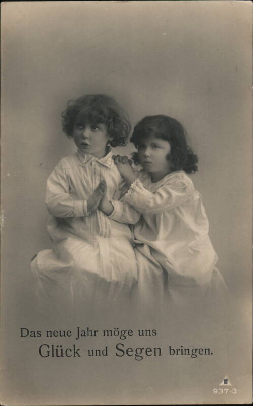 Two Children Praying, New Year's Postcard, German, c1920's
