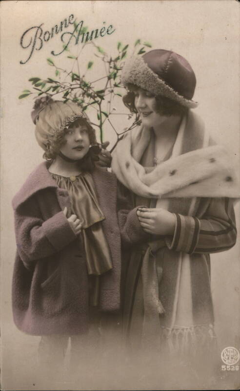 Bonne Année, Happy New Year, Woman & Child with Mistletoe