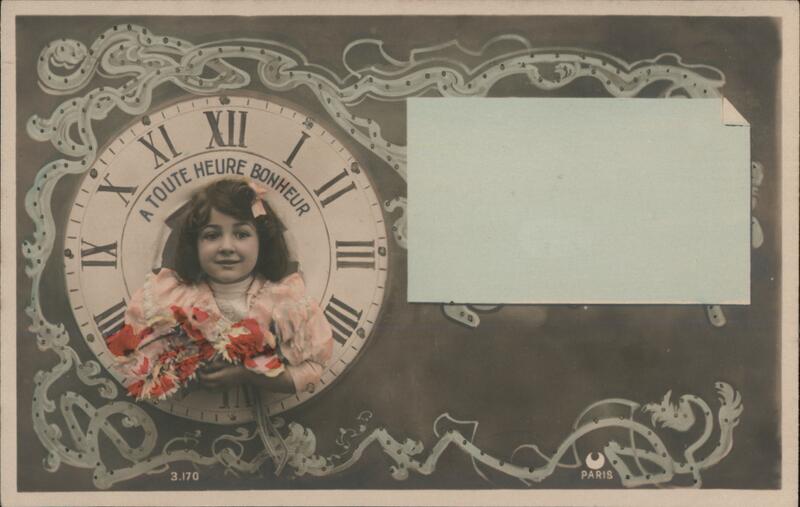 New Year's Postcard, Girl with Clock Face, A Toute Heure Bonheur