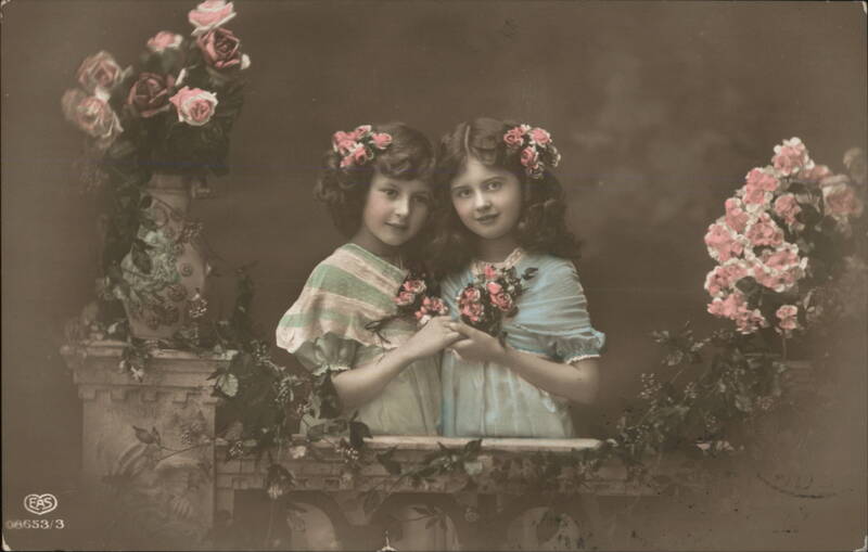 Two Girls with Flowers, Postcard