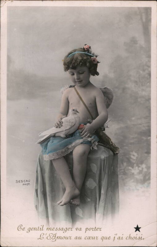 Cherub Cupid with Dove and Flowers, French Postcard
