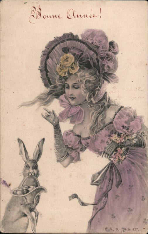 Bonne Année!  New Year Postcard, Girl with Roses, Rabbit with Eggs