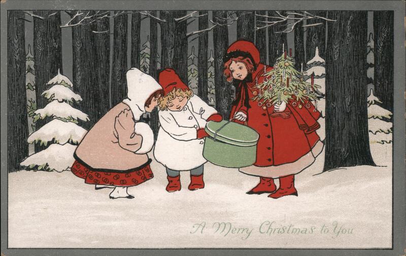 Three Children with Christmas Tree and Gift, Vintage Postcard