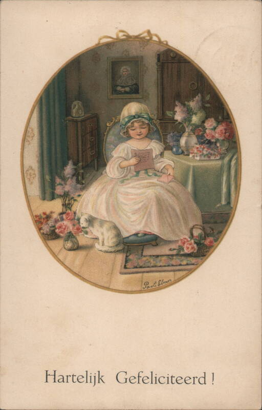 Girl Reading Letter, White Cat, Flowers, Vintage Postcard