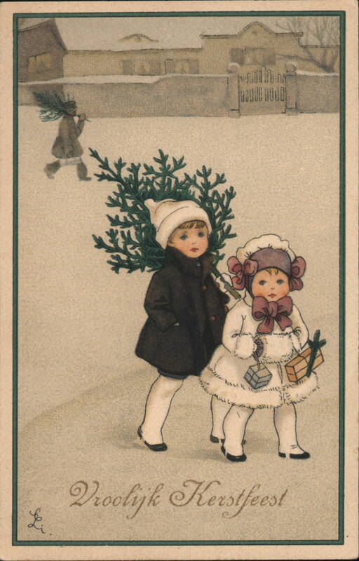 Two Children Carrying Christmas Tree, Vroolyk Kerstfeest
