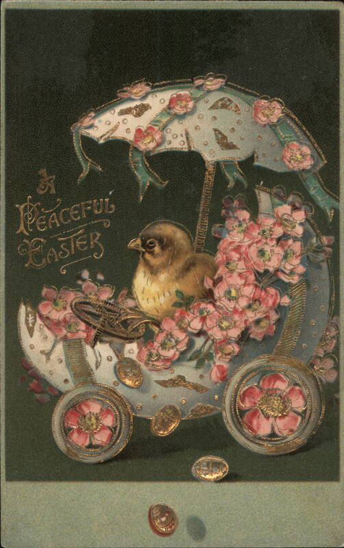 A Peaceful Easter, Chick in Floral Egg Cart With Chicks