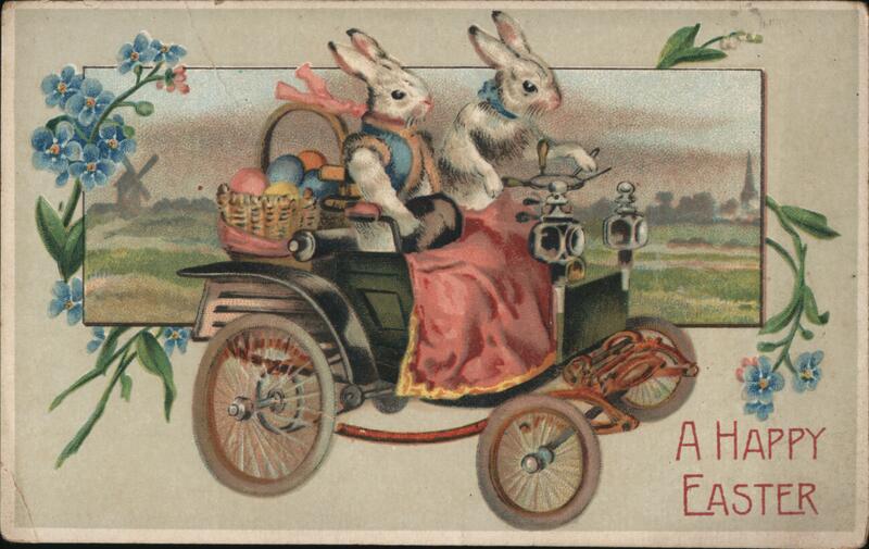 Two Bunnies in Antique Car, Happy Easter With Bunnies