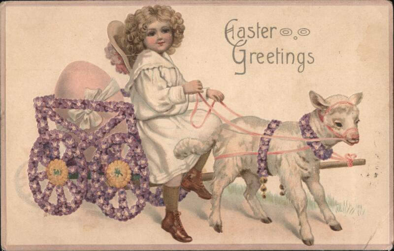 Little Girl with Easter Egg in Flower Cart Pulled by Lamb