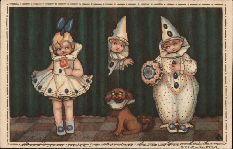Antique Postcard - Little Girl & Clowns with Dog Circus