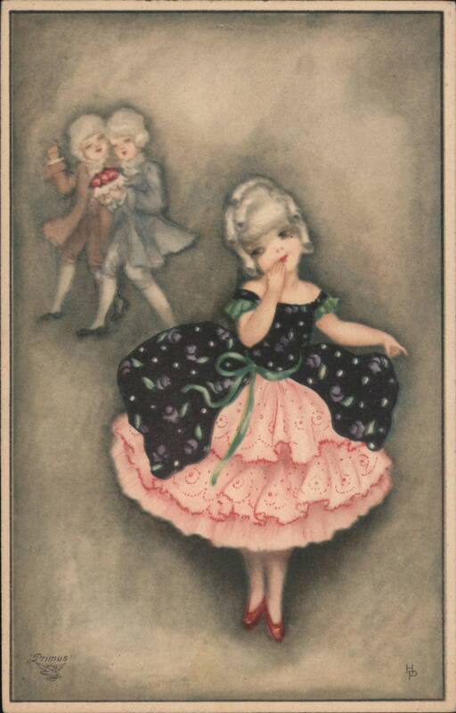 Primus Postcard, Girl in Pink Dress, Two Children in Background