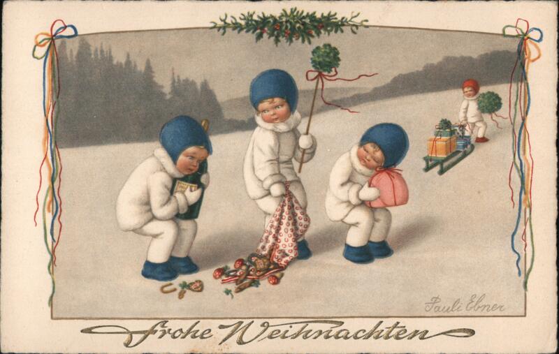 Three Children in Snowsuits with Christmas Presents