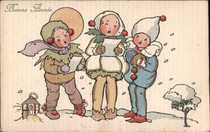 Three children singing carols, Bonne Année