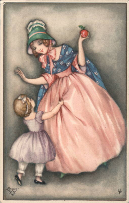 Mother in Pink Dress & Bonnet with Apple, Child in Lavender