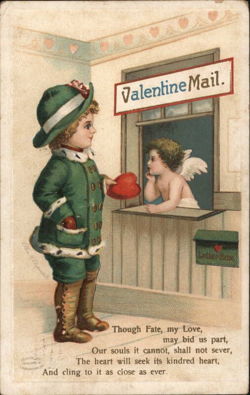 Valentine Mail Postcard, Child Mailing a Heart to Cupid