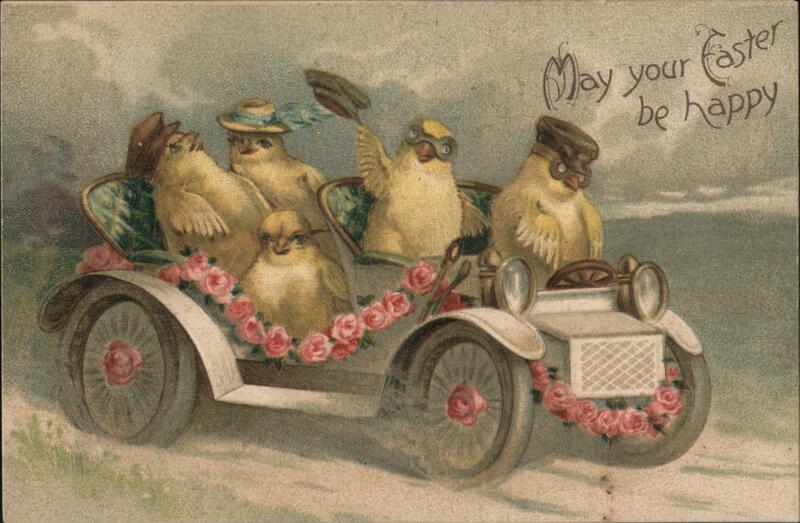 Four Baby Chicks in Floral Car, Easter Greetings With Chicks