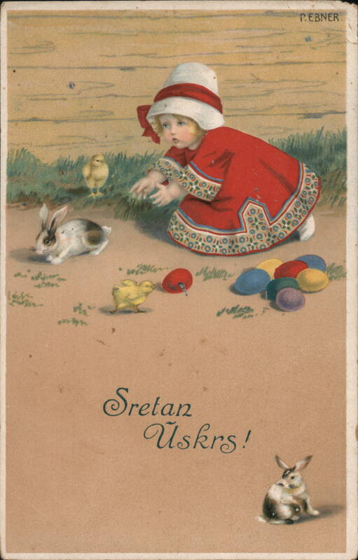 Little Girl with Easter Eggs, Chicks and Bunnies With Children