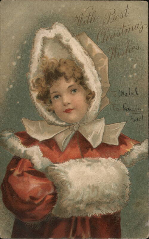 Little Girl in Red Coat and White Fur Hood, Muff, Christmas