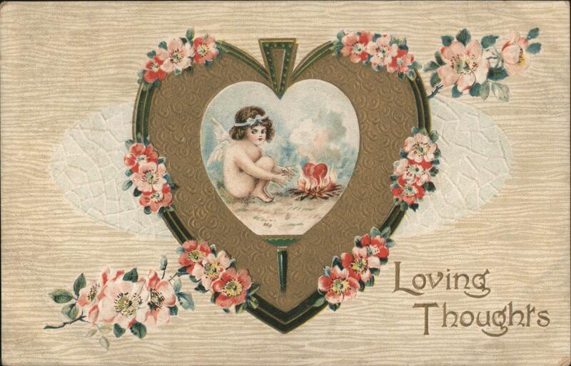 Cherubic Cupid Tending Fire, Loving Thoughts Valentine Postcard