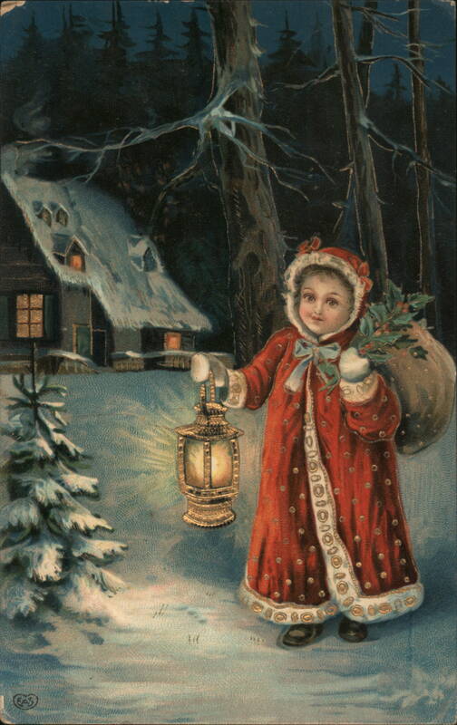 Little Girl in Red Robe with Lantern and Holly Children