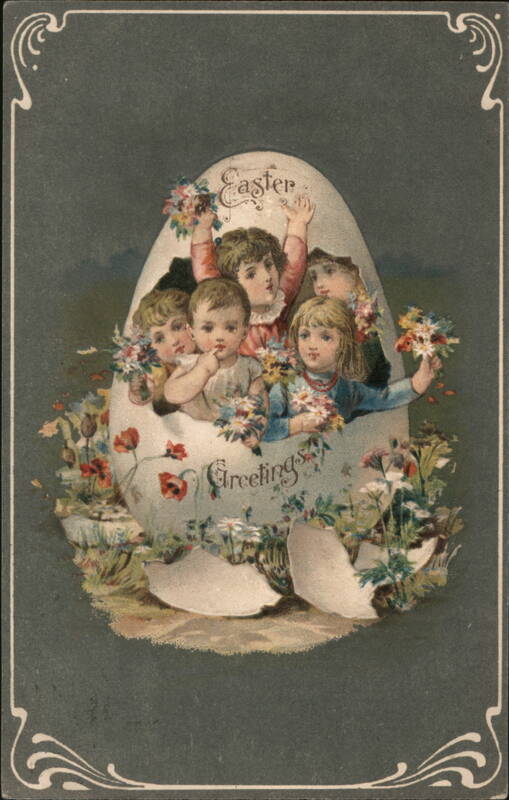 Easter Greetings Children in Giant Egg with Flowers