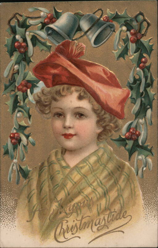 A Merry Christmastide, Child in Red Tam, Holly Garland