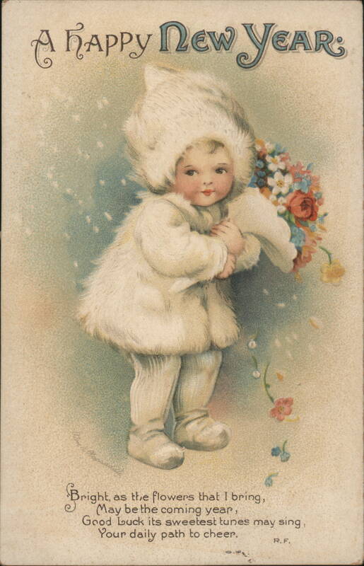 Happy New Year Child with Flowers in Snow, Vintage Postcard